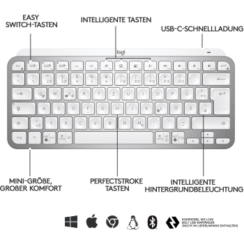 Preview: Logitech MX Keys Mini - Tastatur - Hintergrundbeleuchtung Pale Gray