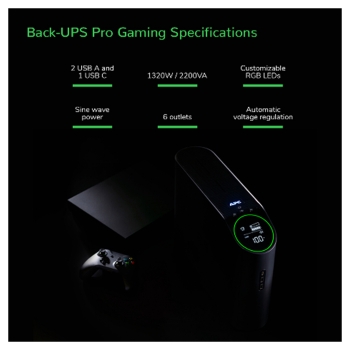 Preview: APC Back-UPS Pro Tower 2200VA 1320W 4xSchuko 2xIEC C13 Ausgänge RGB Beleuchtung