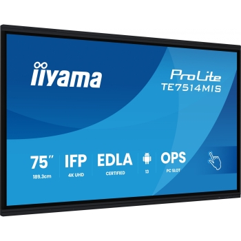 Preview: 189.3cm/75 (3840x2160) iiyama ProLite TE7514MIS-B2AG 16:9 4K UHD VA Touch 8ms 60Hz 24/7 4xHDMI DP USB-C LAN WIFI Speaker Black