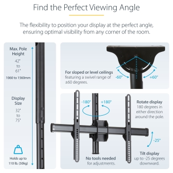 Preview: STARTECH.COM Flachbildschirm Deckenhalterung - fr 81cm 32zoll bis 190cm 75 Zoll LCD LED - schwenkbar fr gewlbte Decken