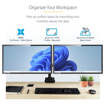 Preview: StarTech.com Dual Monitor Halter für Tischmontage - Flexible Monitorarm für 2x VESA Monitore bis zu 32 Zoll(8kg) - Vertikal Stapelbare Arme