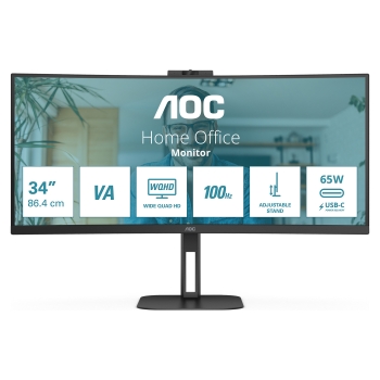 86cm/34 (3440x1440) AOC CU34V5CW 21:9 VA 1ms 100Hz HDMI DisplayPort USB-C KVM VESA Speaker Webcam Silver/Black