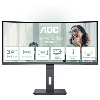 86.4cm/34 (3440x1440) AOC CU34P3CV 21:9 VA 1ms 100Hz HDMI DisplayPort USB-C USB-Hub RJ45 KVM VESA Speaker Black
