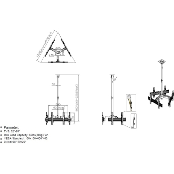 Preview: Equip Deckenhalterung 32-65/3TFT je 30kg 2Gelenke neig. sw lite Retail