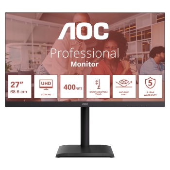 AOC U27E4CV - 27 Zoll Ultra HD. Lautsprecher. (3840x2160. 60 Hz. 2x HDMI 2.0. DisplayPort 1.4. USB-C (90W PD). RJ45. USB Hub) schwarz