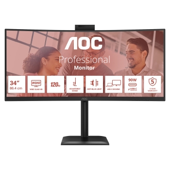 Preview: 86.4cm/34 (3440x1440) AOC CU34E4CW 21:9 VA 4ms 120Hz Curved HDMI DisplayPort USB-C RJ45 VESA Speaker Webcam HDR10 KVM Black
