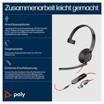 Preview: HP Poly Blackwire 5210 Monaural USB-C Headset +3.5mm Plug +USB-C/A Adapter (207577-201)