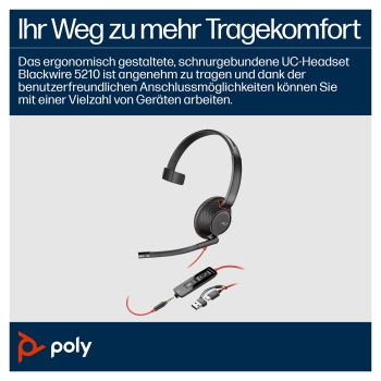 Preview: HP Poly Blackwire 5210 Monaural USB-C Headset +3.5mm Plug +USB-C/A Adapter (207577-201)