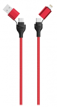 2GO USB / Type C Ladekabel 4 in 1 USB A, Lighn. 1,2m  rot
