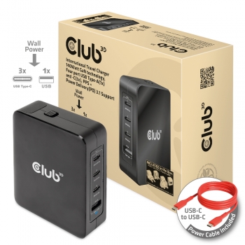 Club3D Ladegerät   3xUSB Typ C, 1xUSB Typ A, PD 140W, GaN retail